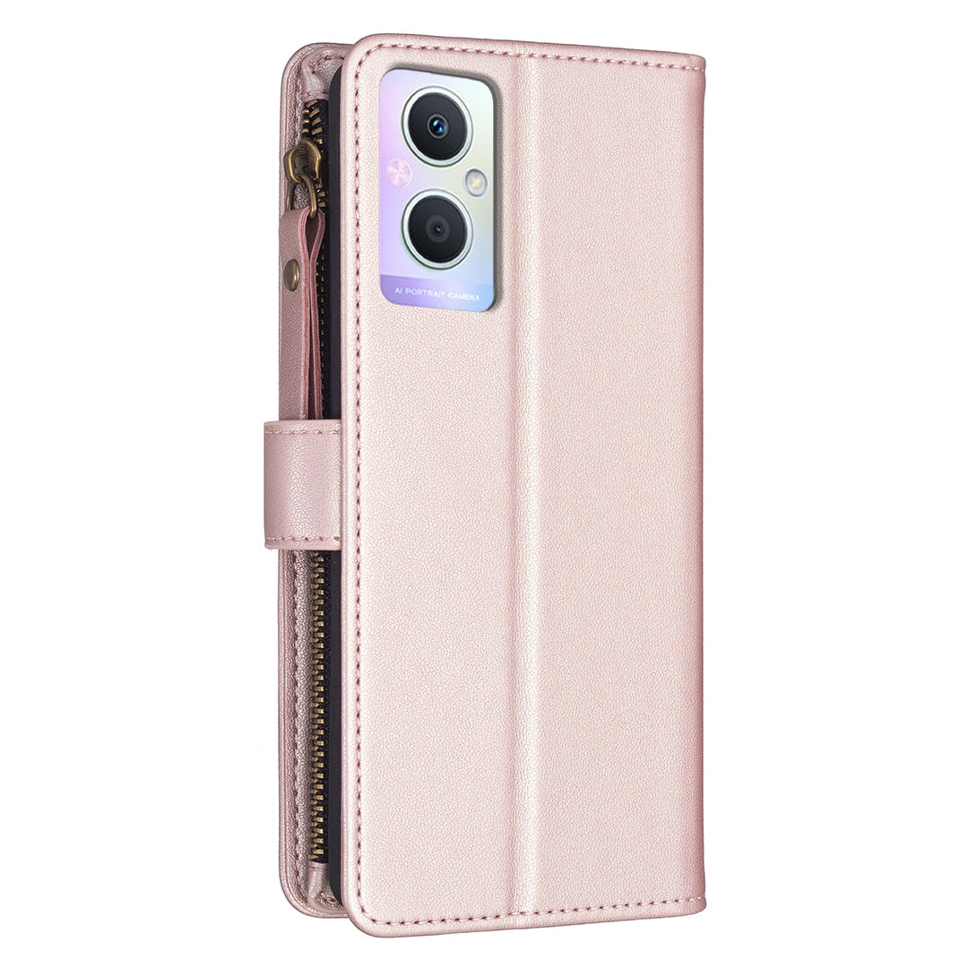 OPPO A96 5G Leather Flip Phone Case with 9 Card Slots, Zipper Wallet & Detachable Wristlet Strap