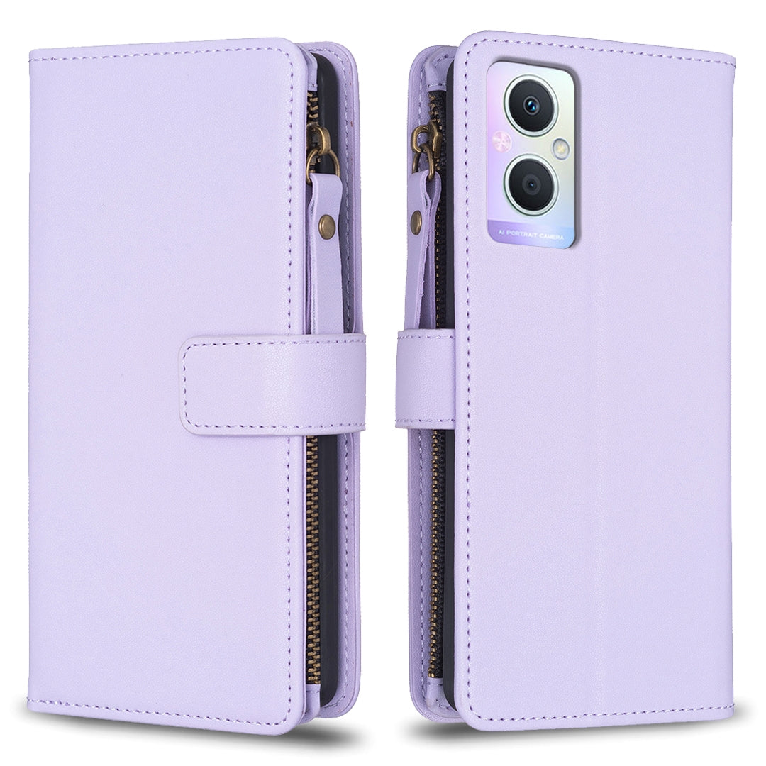 OPPO A96 5G Leather Flip Phone Case with 9 Card Slots, Zipper Wallet & Detachable Wristlet Strap