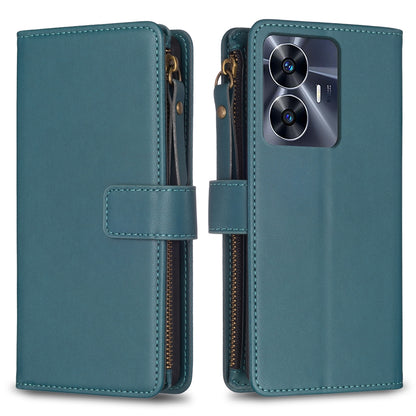 Realme C55 Leather Flip Phone Case with 9 Card Slots, Zipper Wallet & Detachable Wristlet Strap
