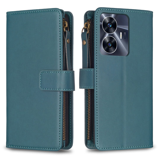 Realme C55 Leather Flip Phone Case with 9 Card Slots, Zipper Wallet & Detachable Wristlet Strap