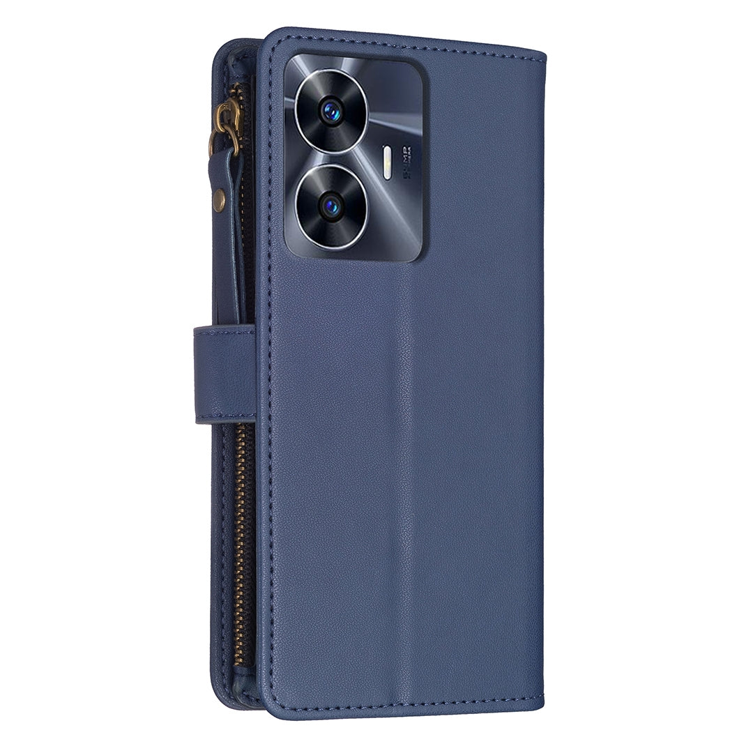 Realme C55 Leather Flip Phone Case with 9 Card Slots, Zipper Wallet & Detachable Wristlet Strap