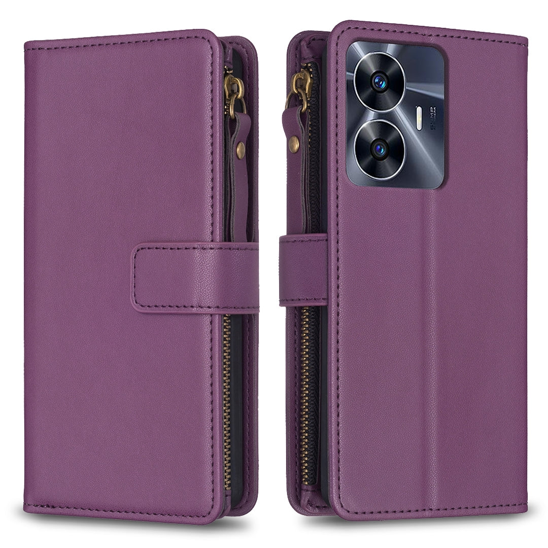 Realme C55 Leather Flip Phone Case with 9 Card Slots, Zipper Wallet & Detachable Wristlet Strap