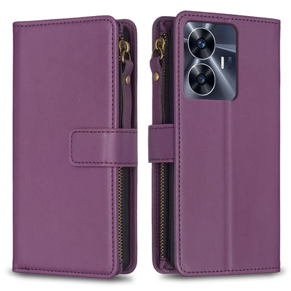 Realme C55 Leather Flip Phone Case with 9 Card Slots, Zipper Wallet & Detachable Wristlet Strap