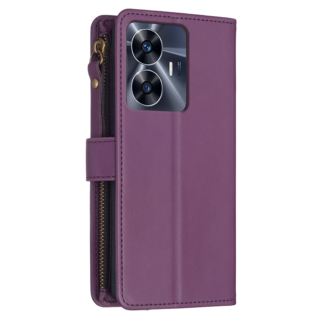 Realme C55 Leather Flip Phone Case with 9 Card Slots, Zipper Wallet & Detachable Wristlet Strap