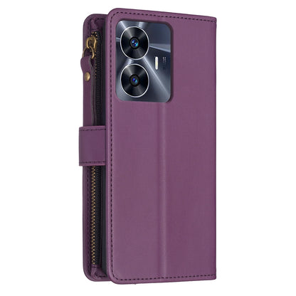 Realme C55 Leather Flip Phone Case with 9 Card Slots, Zipper Wallet & Detachable Wristlet Strap