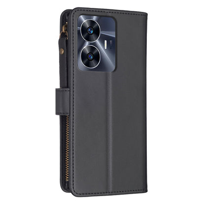 Realme C55 Leather Flip Phone Case with 9 Card Slots, Zipper Wallet & Detachable Wristlet Strap
