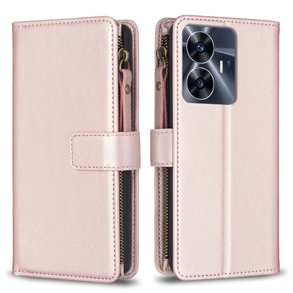 Realme C55 Leather Flip Phone Case with 9 Card Slots, Zipper Wallet & Detachable Wristlet Strap