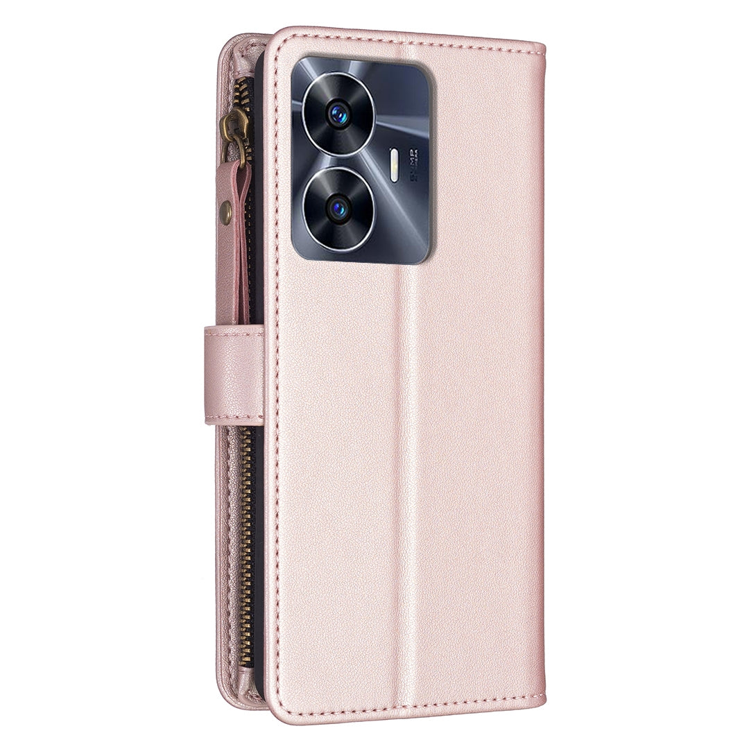 Realme C55 Leather Flip Phone Case with 9 Card Slots, Zipper Wallet & Detachable Wristlet Strap