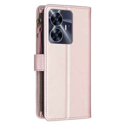 Realme C55 Leather Flip Phone Case with 9 Card Slots, Zipper Wallet & Detachable Wristlet Strap