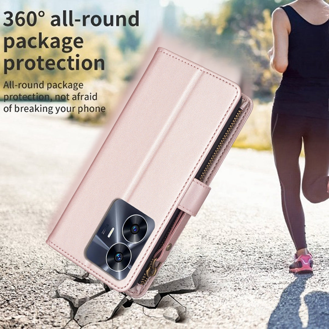 Realme C55 Leather Flip Phone Case with 9 Card Slots, Zipper Wallet & Detachable Wristlet Strap