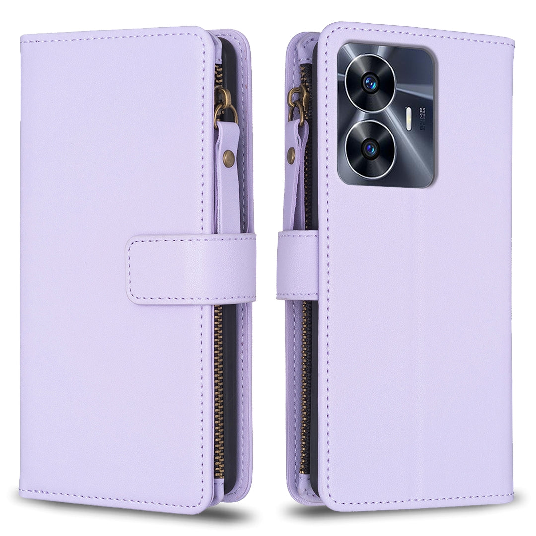 Realme C55 Leather Flip Phone Case with 9 Card Slots, Zipper Wallet & Detachable Wristlet Strap