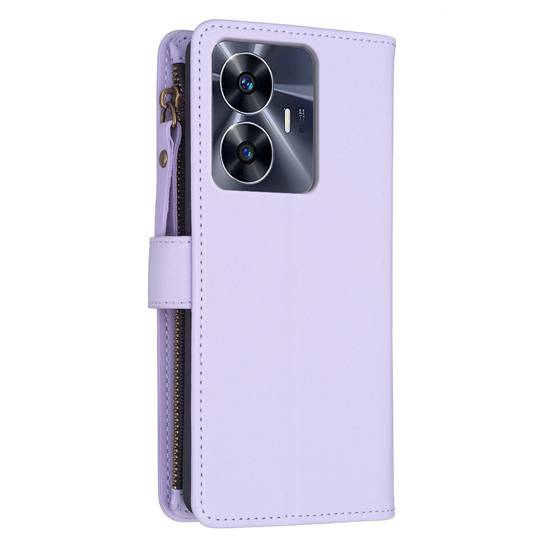 Realme C55 Leather Flip Phone Case with 9 Card Slots, Zipper Wallet & Detachable Wristlet Strap