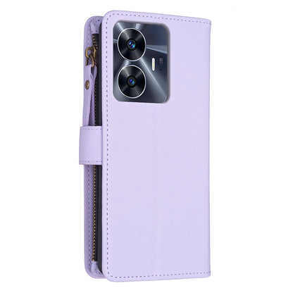 Realme C55 Leather Flip Phone Case with 9 Card Slots, Zipper Wallet & Detachable Wristlet Strap