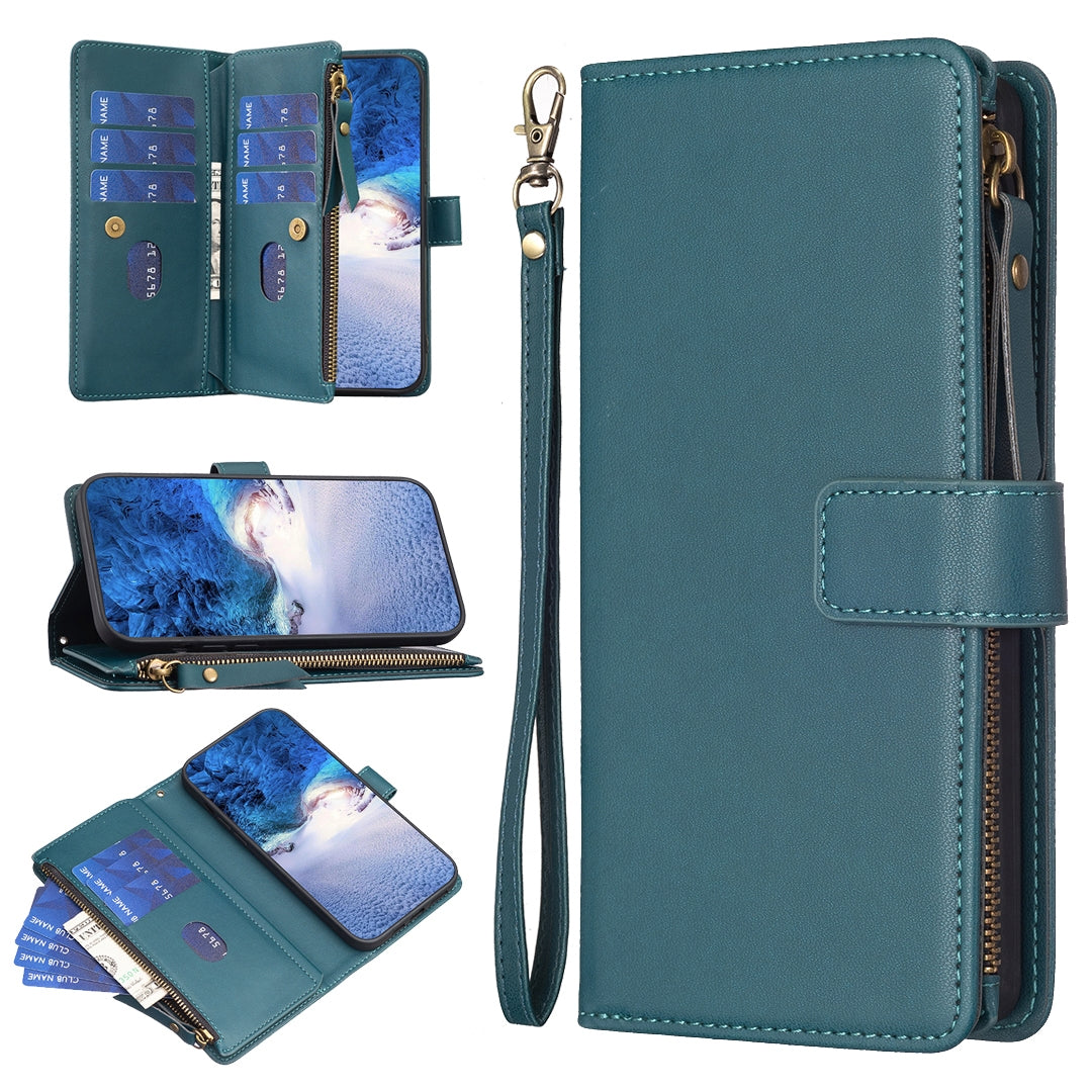 Realme C53 Leather Flip Phone Case with 9 Card Slots, Zipper Wallet & Detachable Wristlet Strap