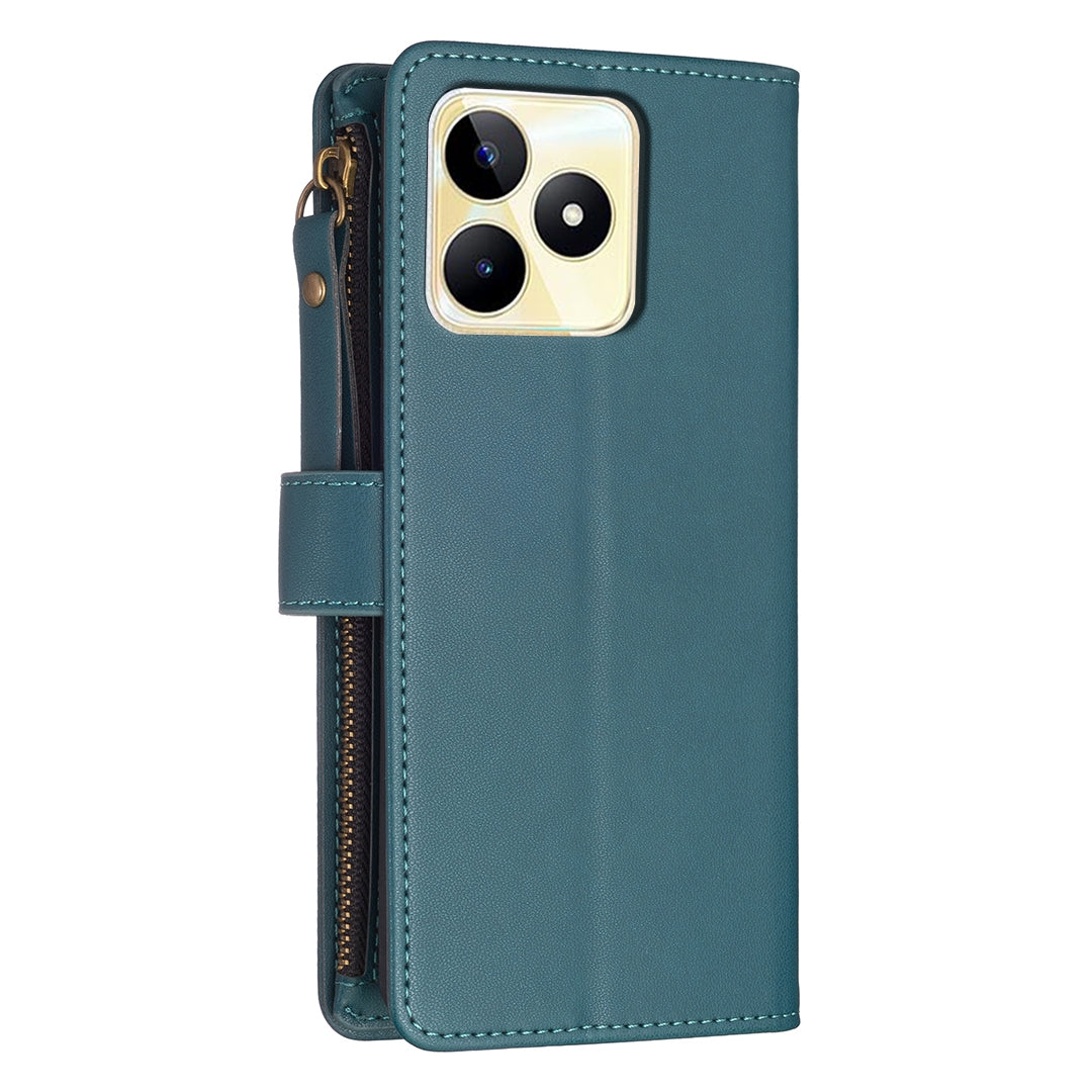 Realme C53 Leather Flip Phone Case with 9 Card Slots, Zipper Wallet & Detachable Wristlet Strap