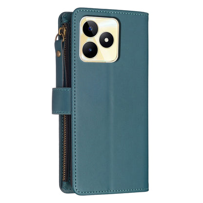 Realme C53 Leather Flip Phone Case with 9 Card Slots, Zipper Wallet & Detachable Wristlet Strap