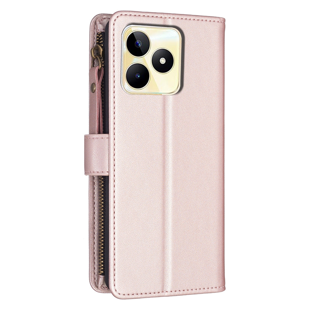 Realme C53 Leather Flip Phone Case with 9 Card Slots, Zipper Wallet & Detachable Wristlet Strap