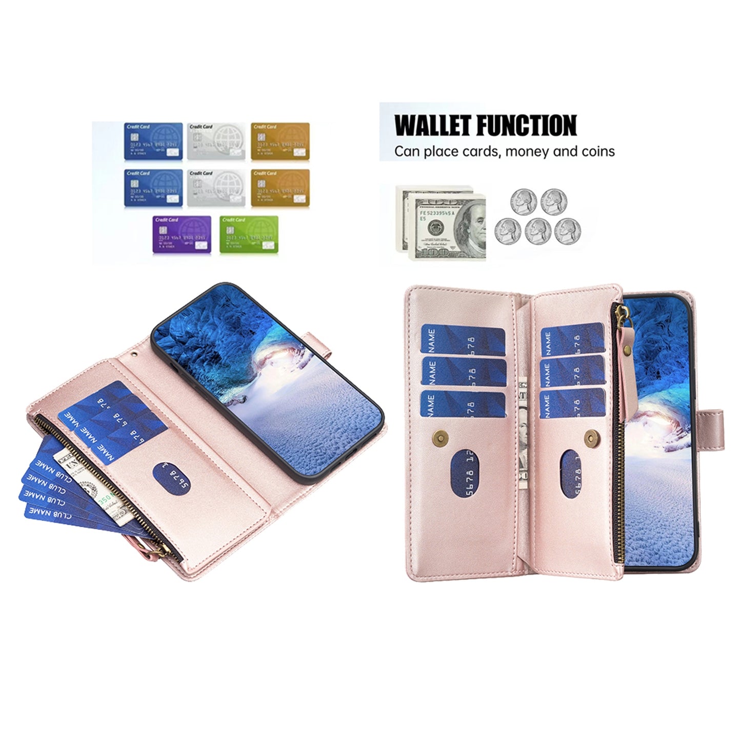 Realme C53 Leather Flip Phone Case with 9 Card Slots, Zipper Wallet & Detachable Wristlet Strap