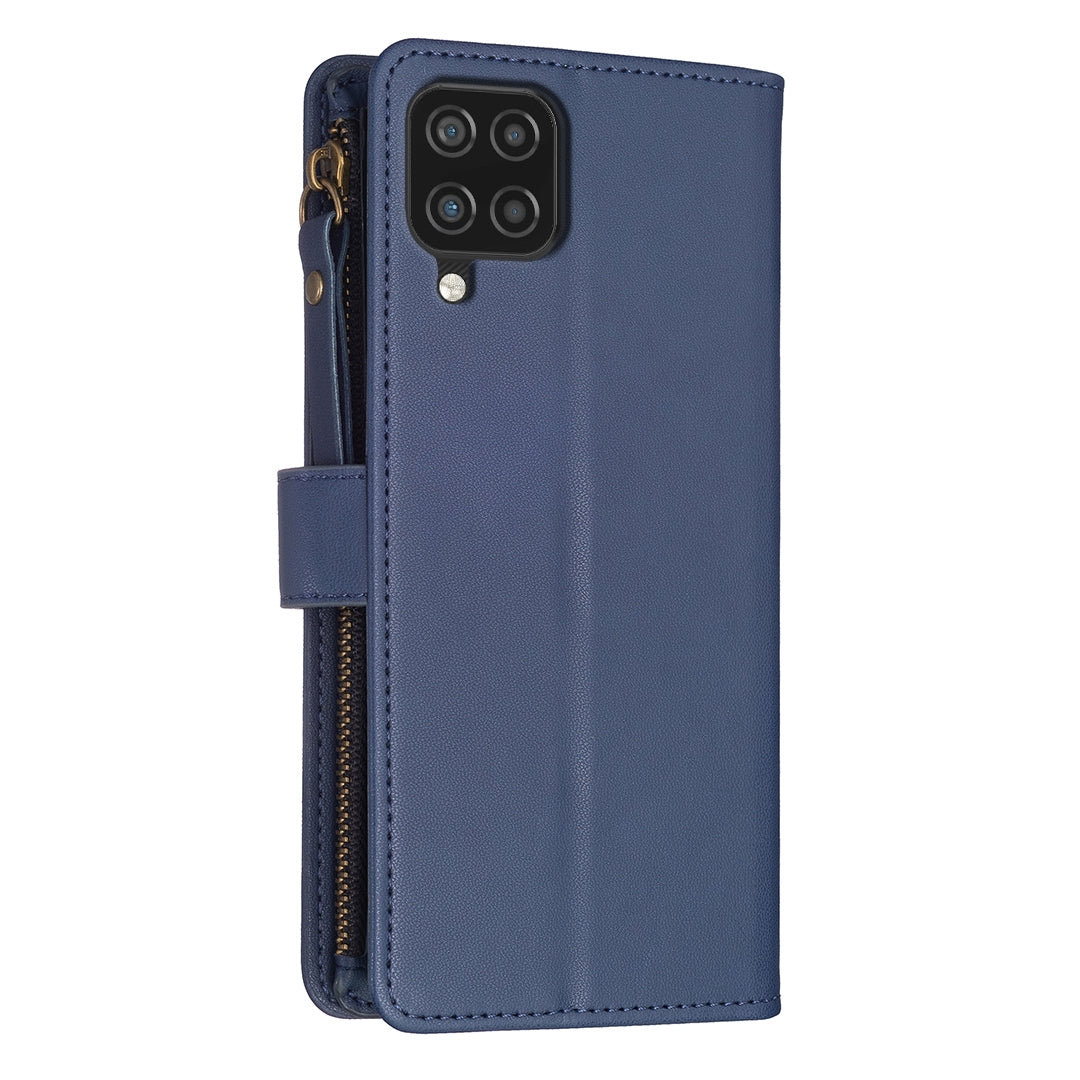 Samsung Galaxy A12 Leather Flip Phone Case with 9 Card Slots, Zipper Wallet & Detachable Wristlet Strap