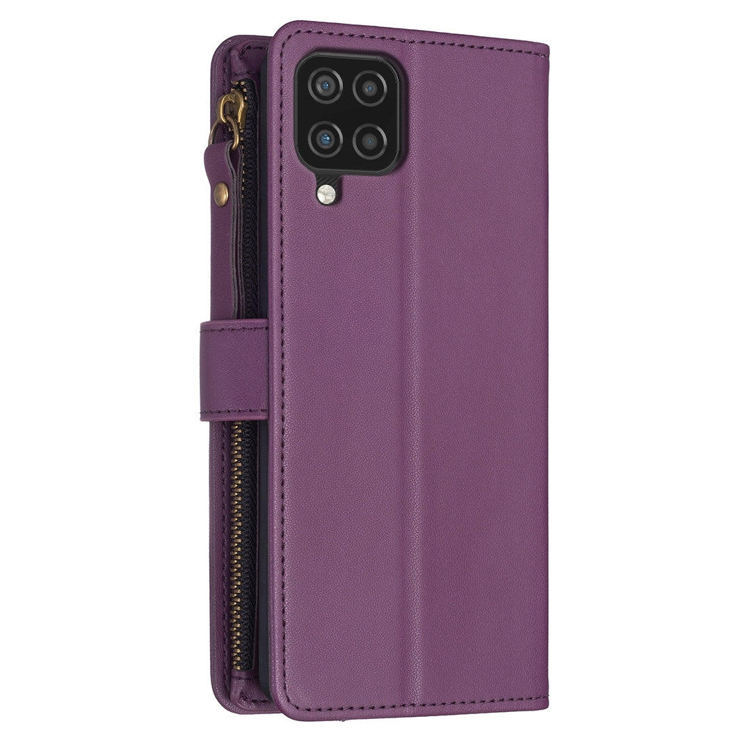 Samsung Galaxy A12 Leather Flip Phone Case with 9 Card Slots, Zipper Wallet & Detachable Wristlet Strap