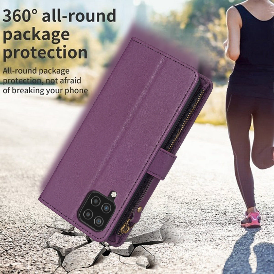 Samsung Galaxy A12 Leather Flip Phone Case with 9 Card Slots, Zipper Wallet & Detachable Wristlet Strap