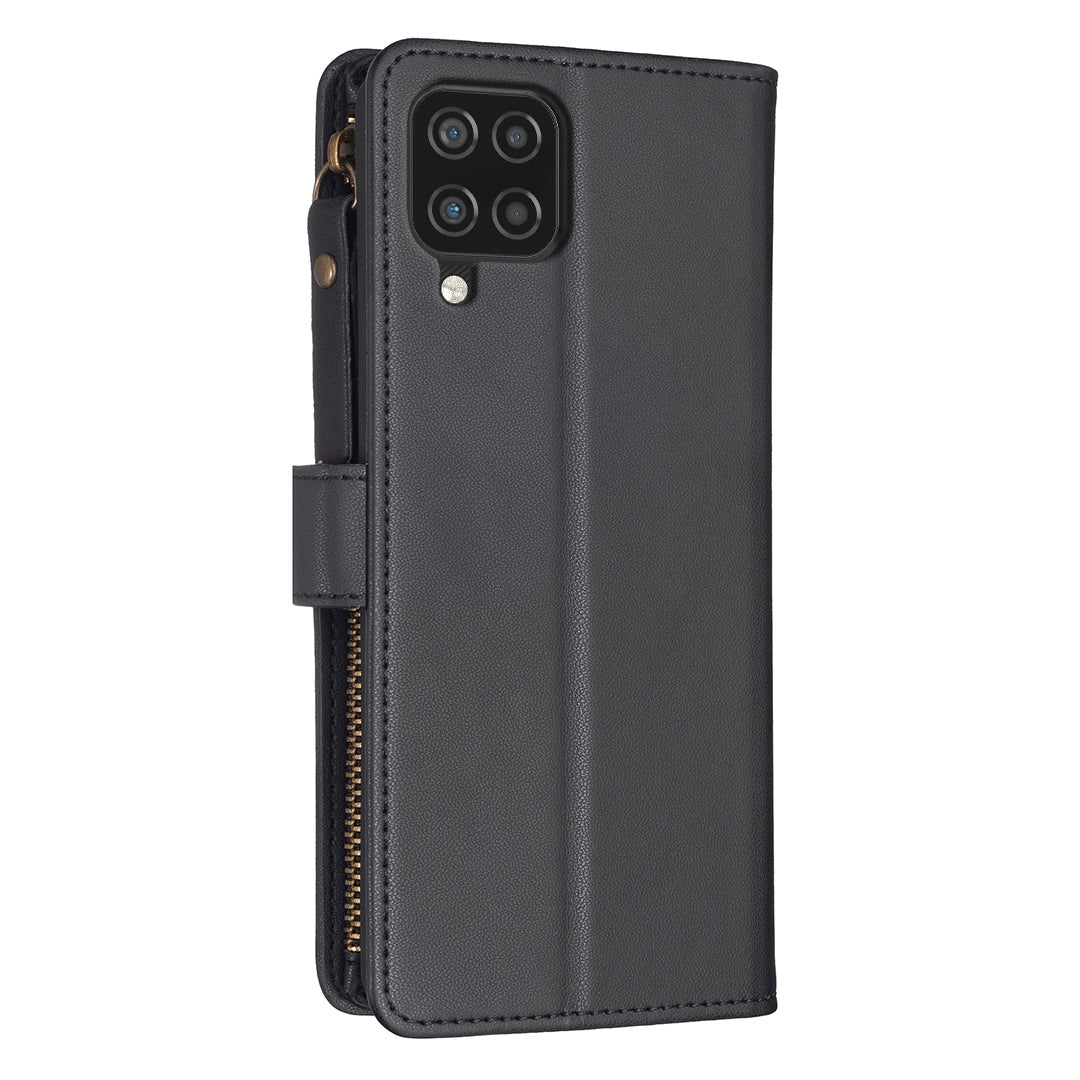 Samsung Galaxy A12 Leather Flip Phone Case with 9 Card Slots, Zipper Wallet & Detachable Wristlet Strap