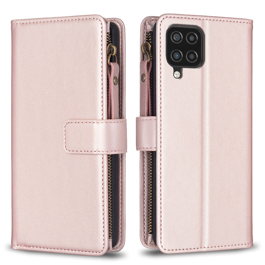 Samsung Galaxy A12 Leather Flip Phone Case with 9 Card Slots, Zipper Wallet & Detachable Wristlet Strap