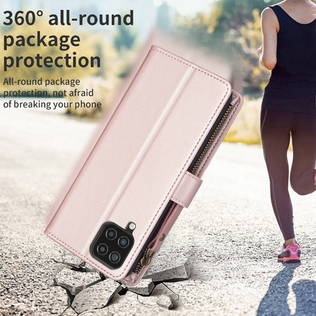 Samsung Galaxy A12 Leather Flip Phone Case with 9 Card Slots, Zipper Wallet & Detachable Wristlet Strap