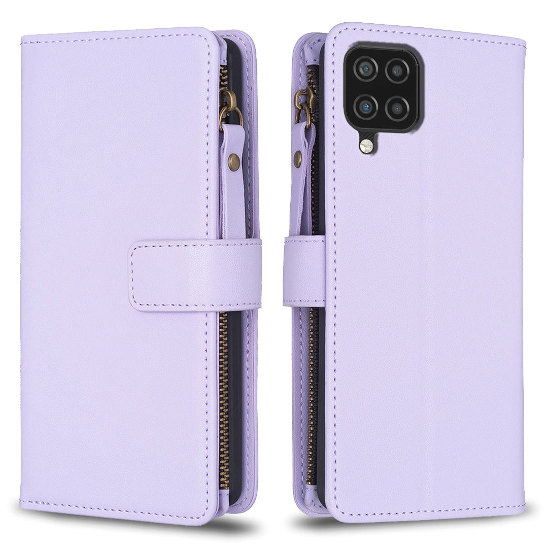 Samsung Galaxy A12 Leather Flip Phone Case with 9 Card Slots, Zipper Wallet & Detachable Wristlet Strap