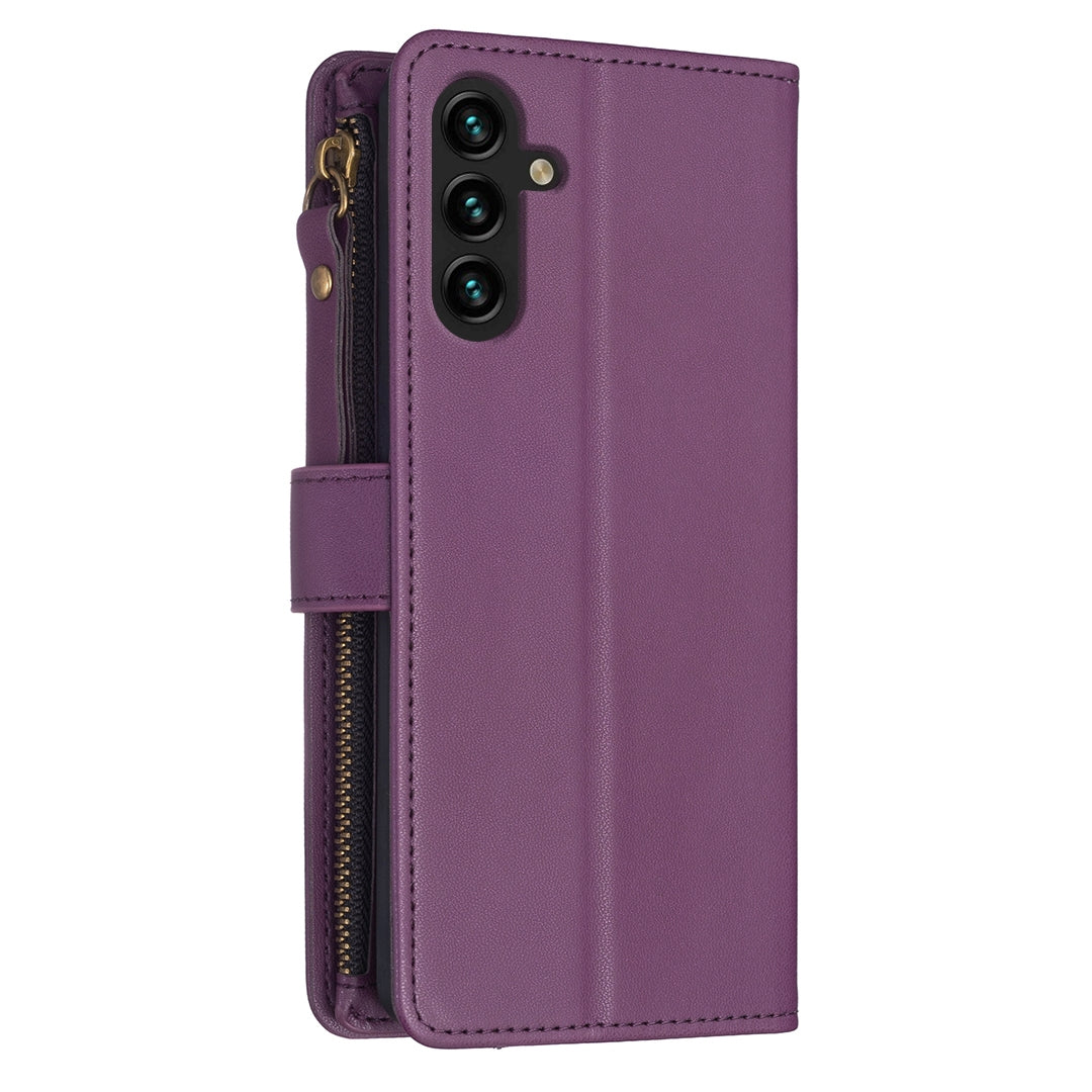 Samsung Galaxy A13 Leather Flip Phone Case with 9 Card Slots, Zipper Wallet & Detachable Wristlet Strap