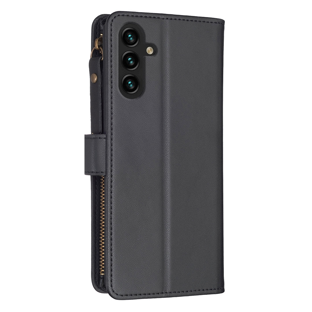 Samsung Galaxy A13 Leather Flip Phone Case with 9 Card Slots, Zipper Wallet & Detachable Wristlet Strap