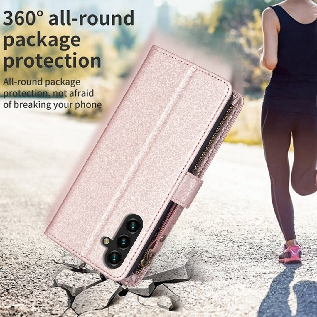 Samsung Galaxy A13 Leather Flip Phone Case with 9 Card Slots, Zipper Wallet & Detachable Wristlet Strap