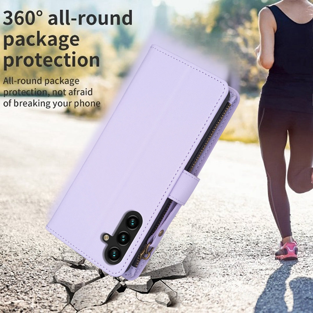 Samsung Galaxy A13 Leather Flip Phone Case with 9 Card Slots, Zipper Wallet & Detachable Wristlet Strap