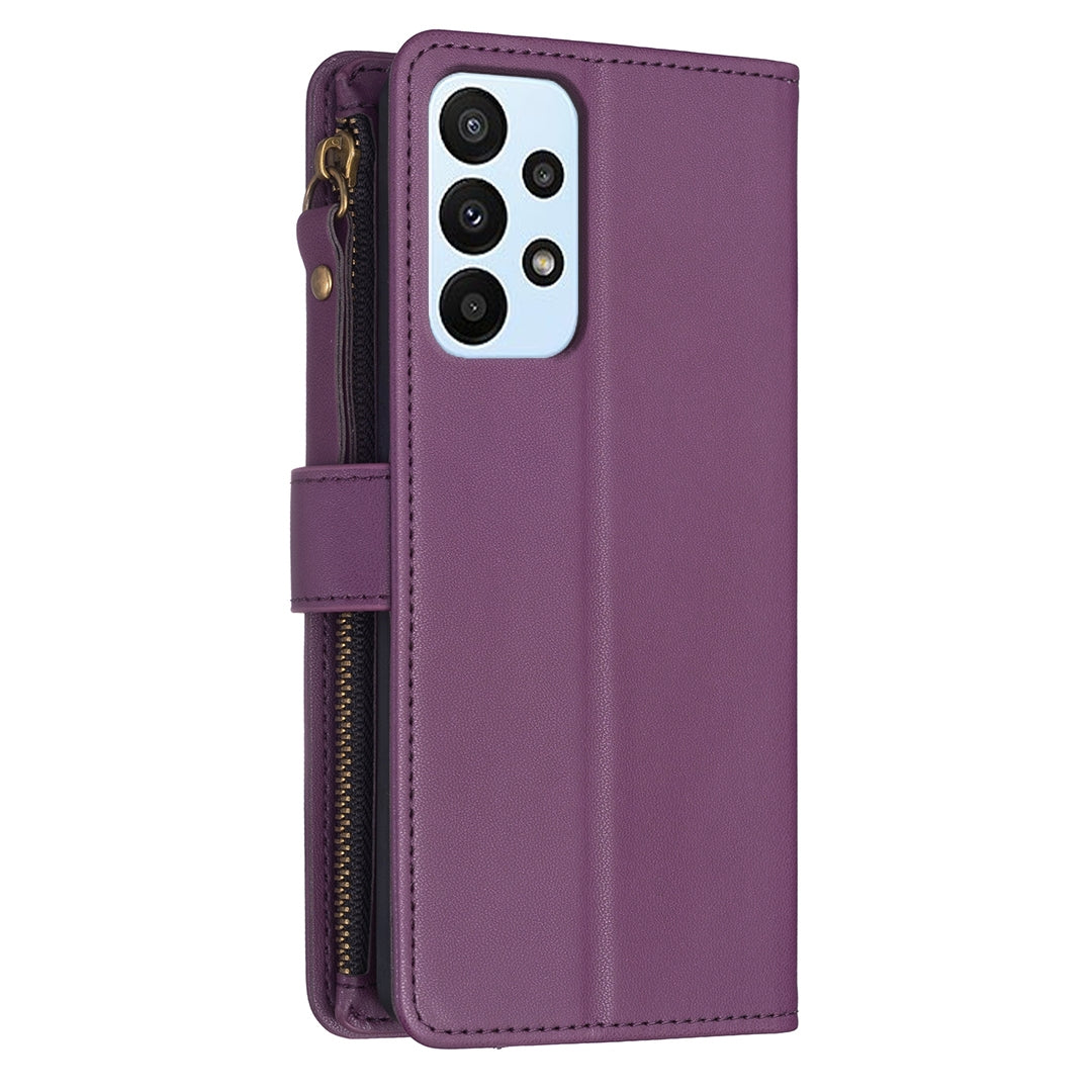 Samsung Galaxy A23 4G Leather Flip Phone Case with 9 Card Slots, Zipper Wallet & Detachable Wristlet Strap