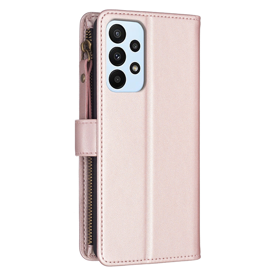 Samsung Galaxy A23 4G Leather Flip Phone Case with 9 Card Slots, Zipper Wallet & Detachable Wristlet Strap
