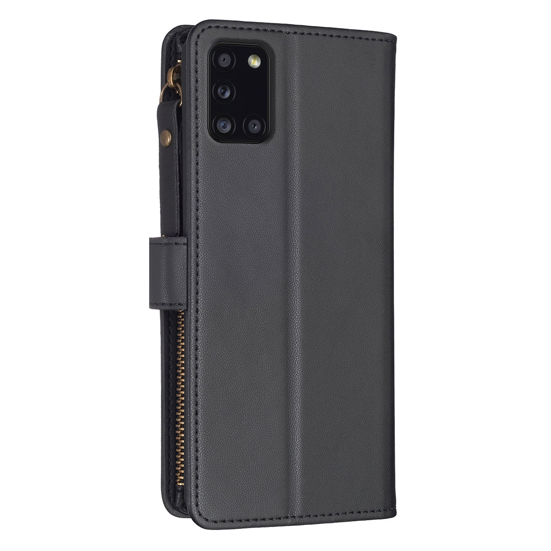 Samsung Galaxy A31 Leather Flip Phone Case with 9 Card Slots, Zipper Wallet & Detachable Wristlet Strap