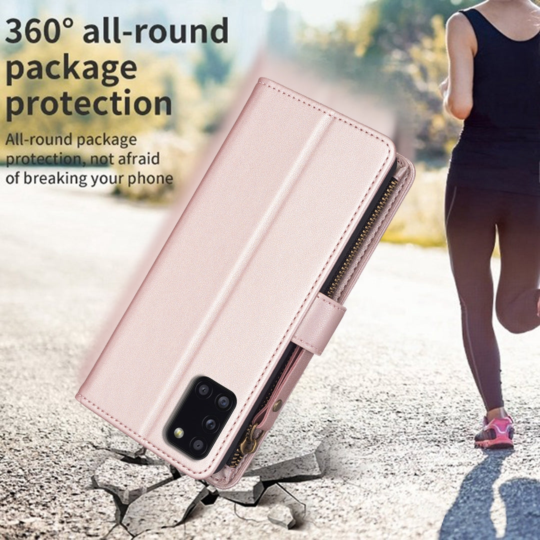 Samsung Galaxy A31 Leather Flip Phone Case with 9 Card Slots, Zipper Wallet & Detachable Wristlet Strap