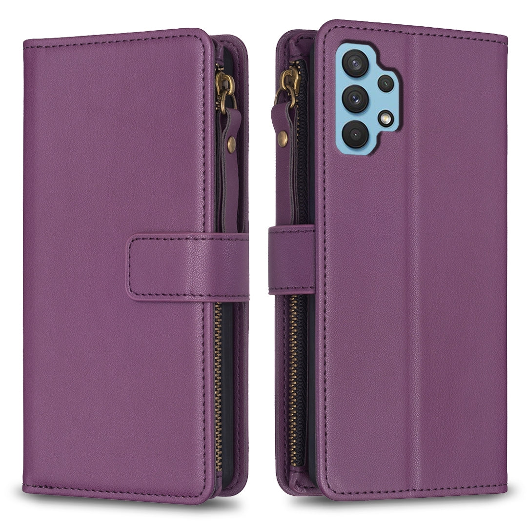 Samsung Galaxy A32 4G Leather Flip Phone Case with 9 Card Slots, Zipper Wallet & Detachable Wristlet Strap