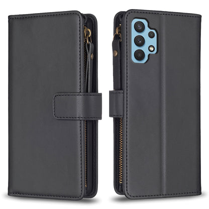 Samsung Galaxy A32 4G Leather Flip Phone Case with 9 Card Slots, Zipper Wallet & Detachable Wristlet Strap
