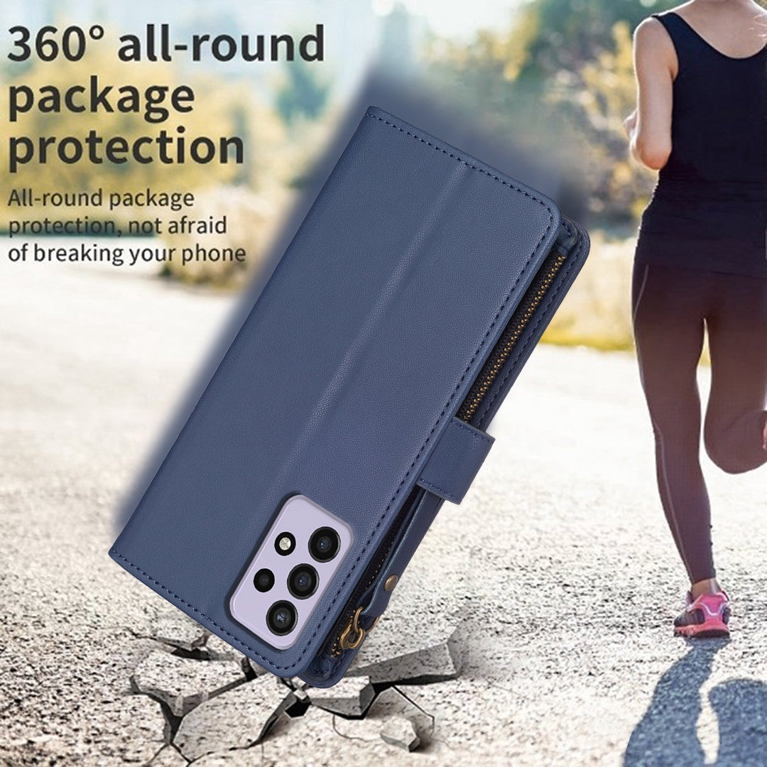 Samsung Galaxy A33 Leather Flip Phone Case with 9 Card Slots, Zipper Wallet & Detachable Wristlet Strap