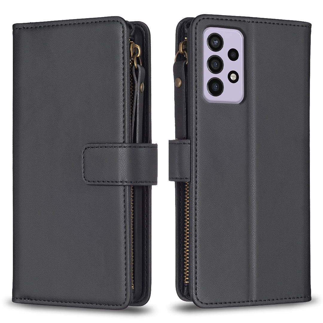 Samsung Galaxy A33 Leather Flip Phone Case with 9 Card Slots, Zipper Wallet & Detachable Wristlet Strap