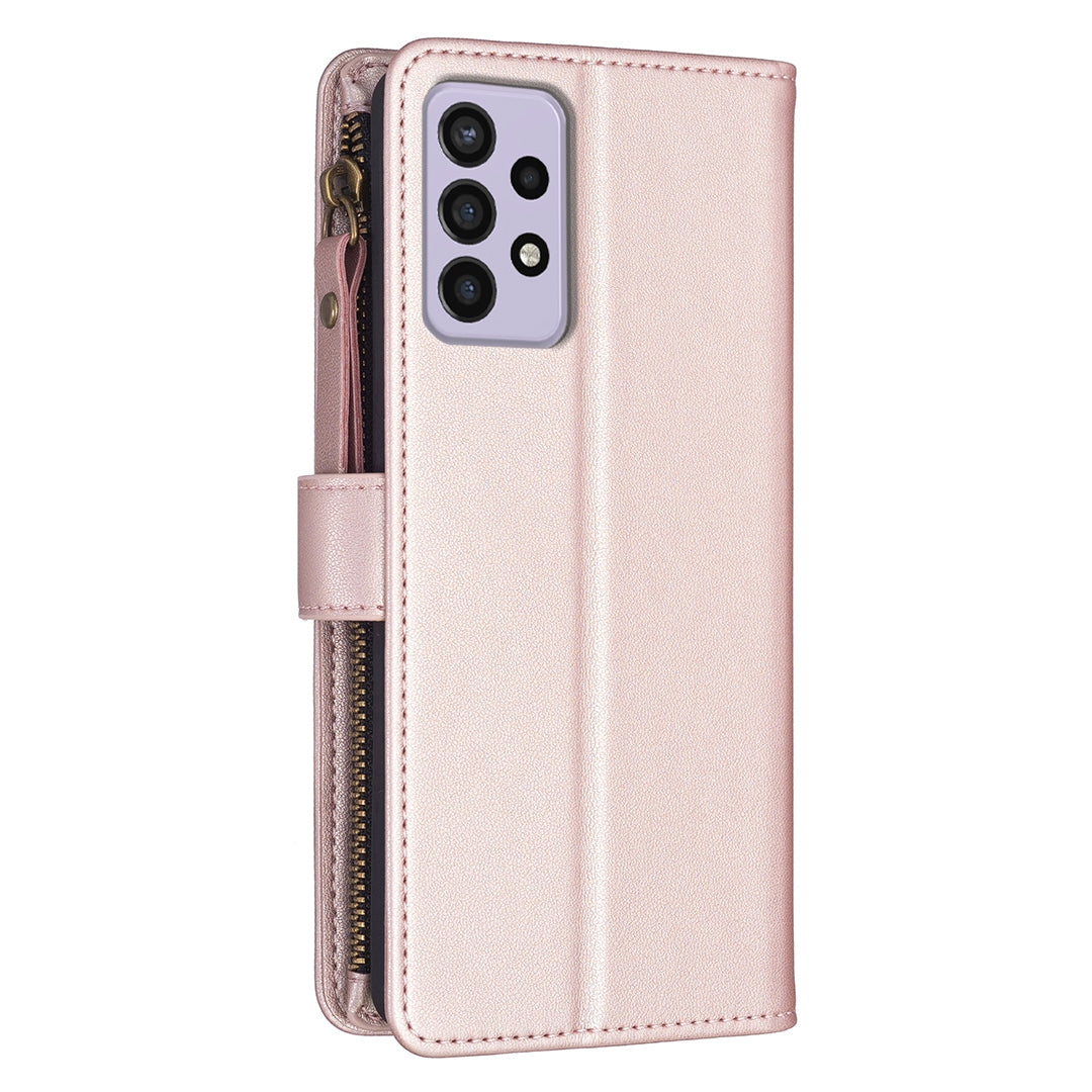 Samsung Galaxy A33 Leather Flip Phone Case with 9 Card Slots, Zipper Wallet & Detachable Wristlet Strap