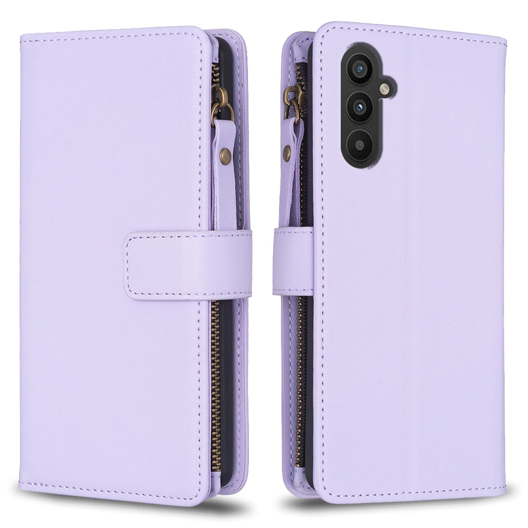 Samsung Galaxy A34 5G Leather Flip Phone Case with 9 Card Slots, Zipper Wallet & Detachable Wristlet Strap