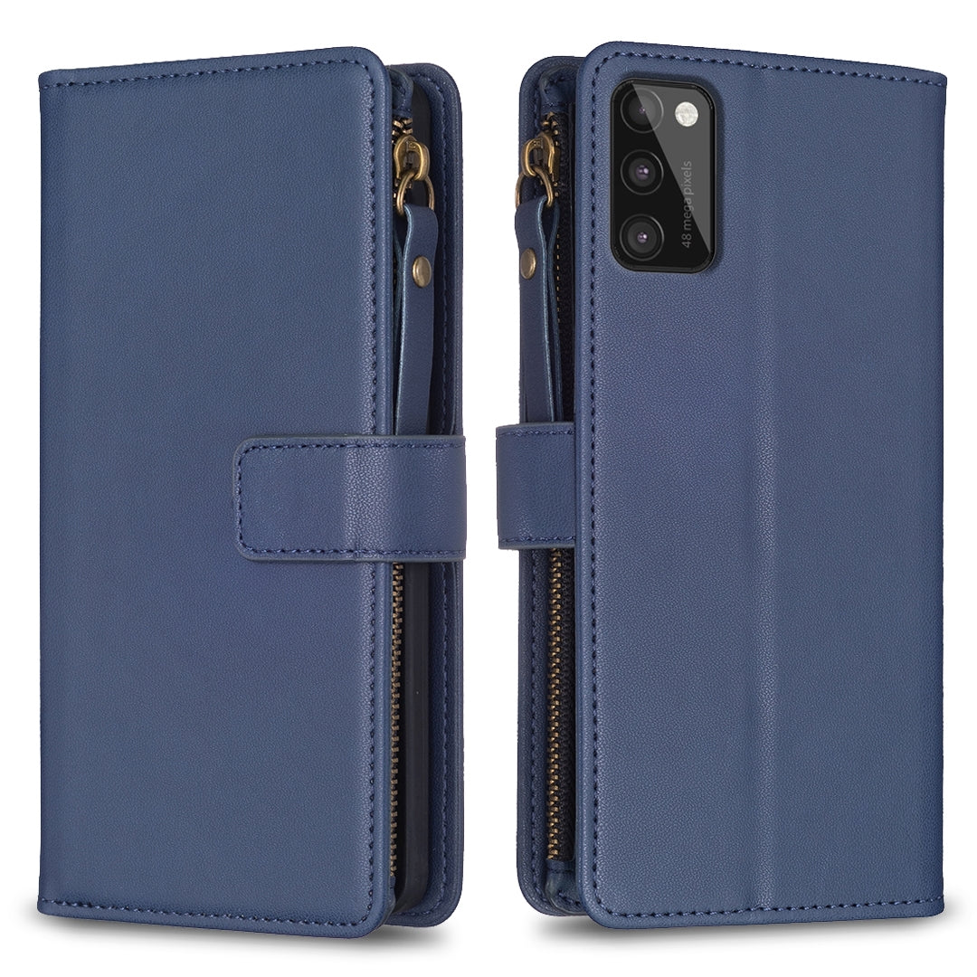 Samsung Galaxy A41 Leather Flip Phone Case with 9 Card Slots, Zipper Wallet & Detachable Wristlet Strap