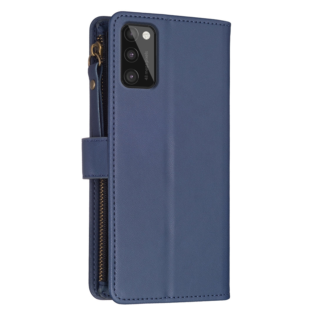 Samsung Galaxy A41 Leather Flip Phone Case with 9 Card Slots, Zipper Wallet & Detachable Wristlet Strap
