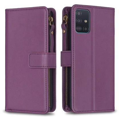 Samsung Galaxy A51 4G Leather Flip Phone Case with 9 Card Slots, Zipper Wallet & Detachable Wristlet Strap
