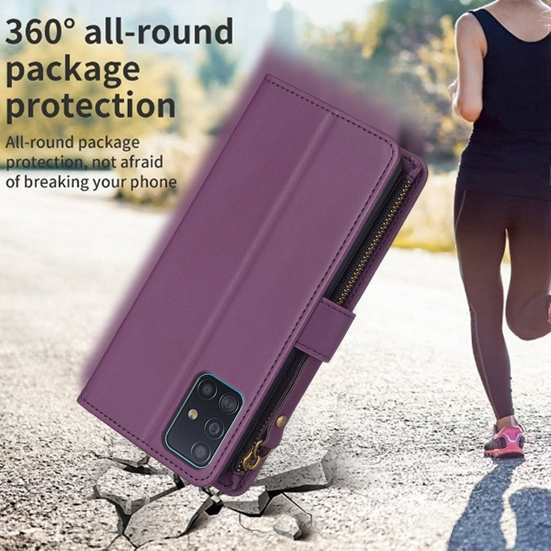 Samsung Galaxy A51 4G Leather Flip Phone Case with 9 Card Slots, Zipper Wallet & Detachable Wristlet Strap