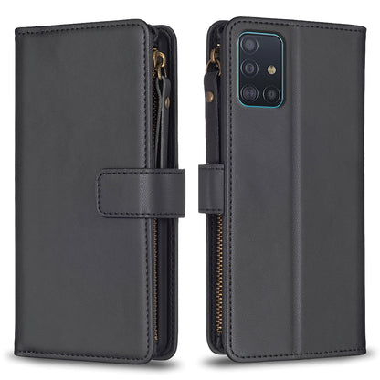 Samsung Galaxy A51 4G Leather Flip Phone Case with 9 Card Slots, Zipper Wallet & Detachable Wristlet Strap