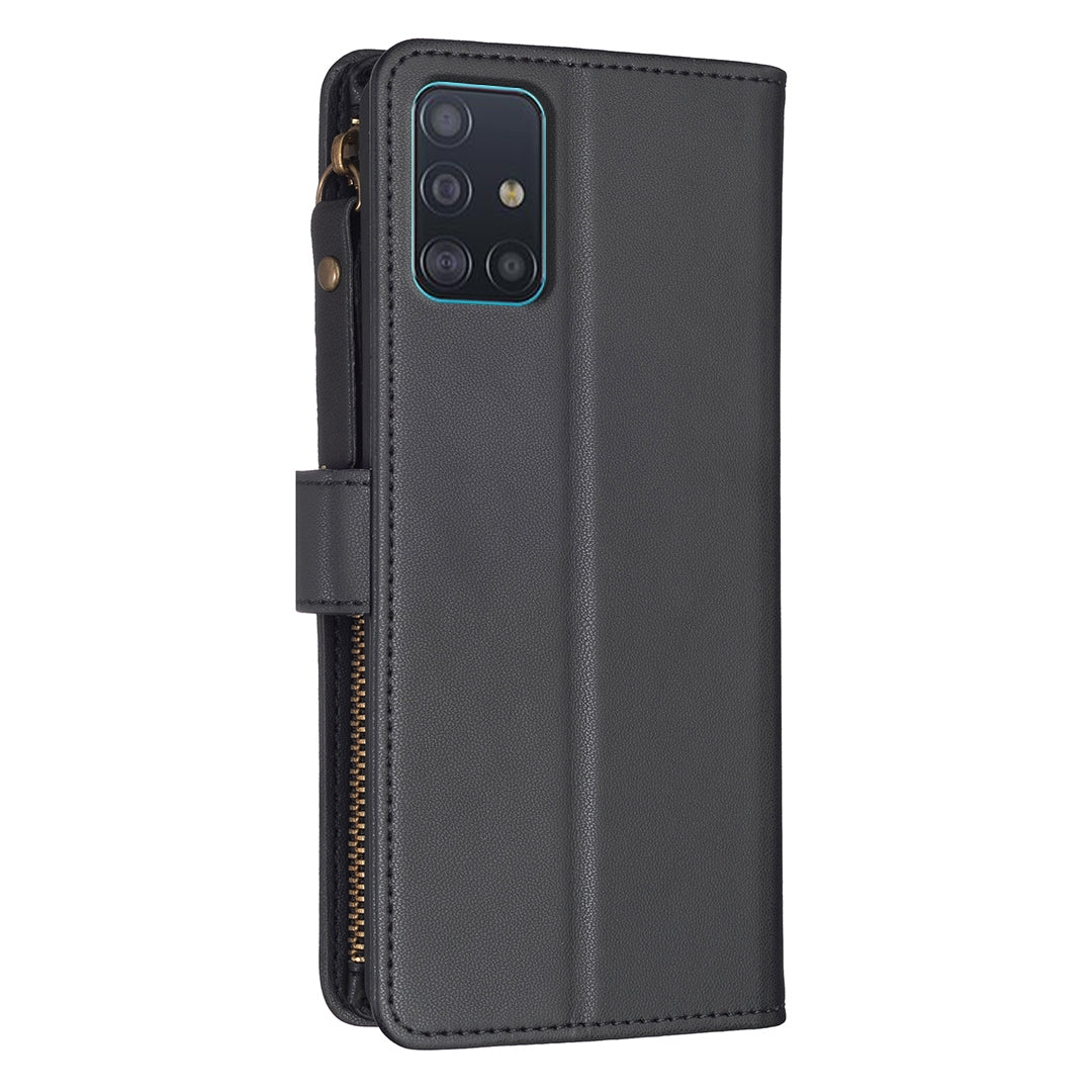Samsung Galaxy A51 4G Leather Flip Phone Case with 9 Card Slots, Zipper Wallet & Detachable Wristlet Strap