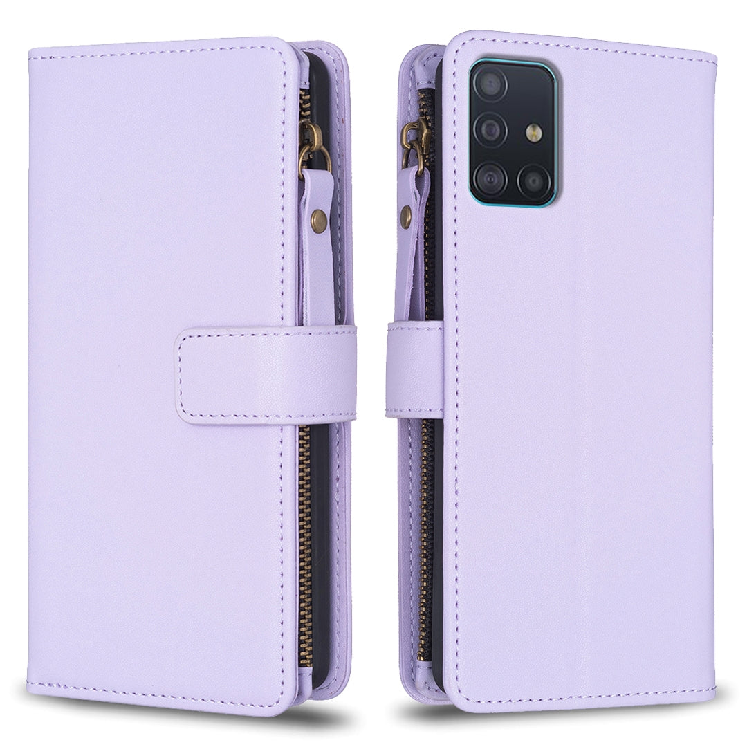 Samsung Galaxy A51 4G Leather Flip Phone Case with 9 Card Slots, Zipper Wallet & Detachable Wristlet Strap